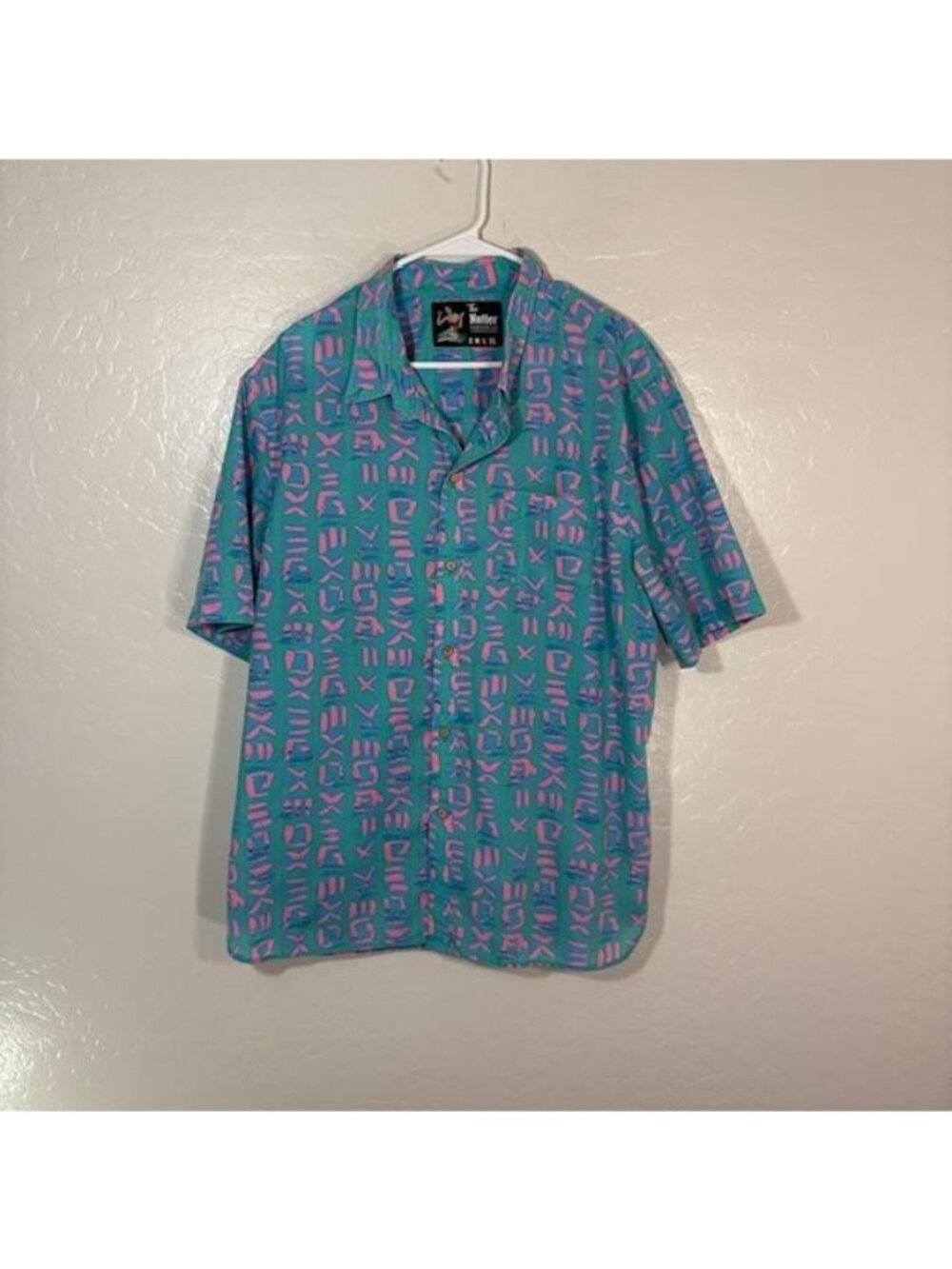 The Nutter Shirt Mens XL Teal Pink Hawaiian Aloha Button Front Abstract Print